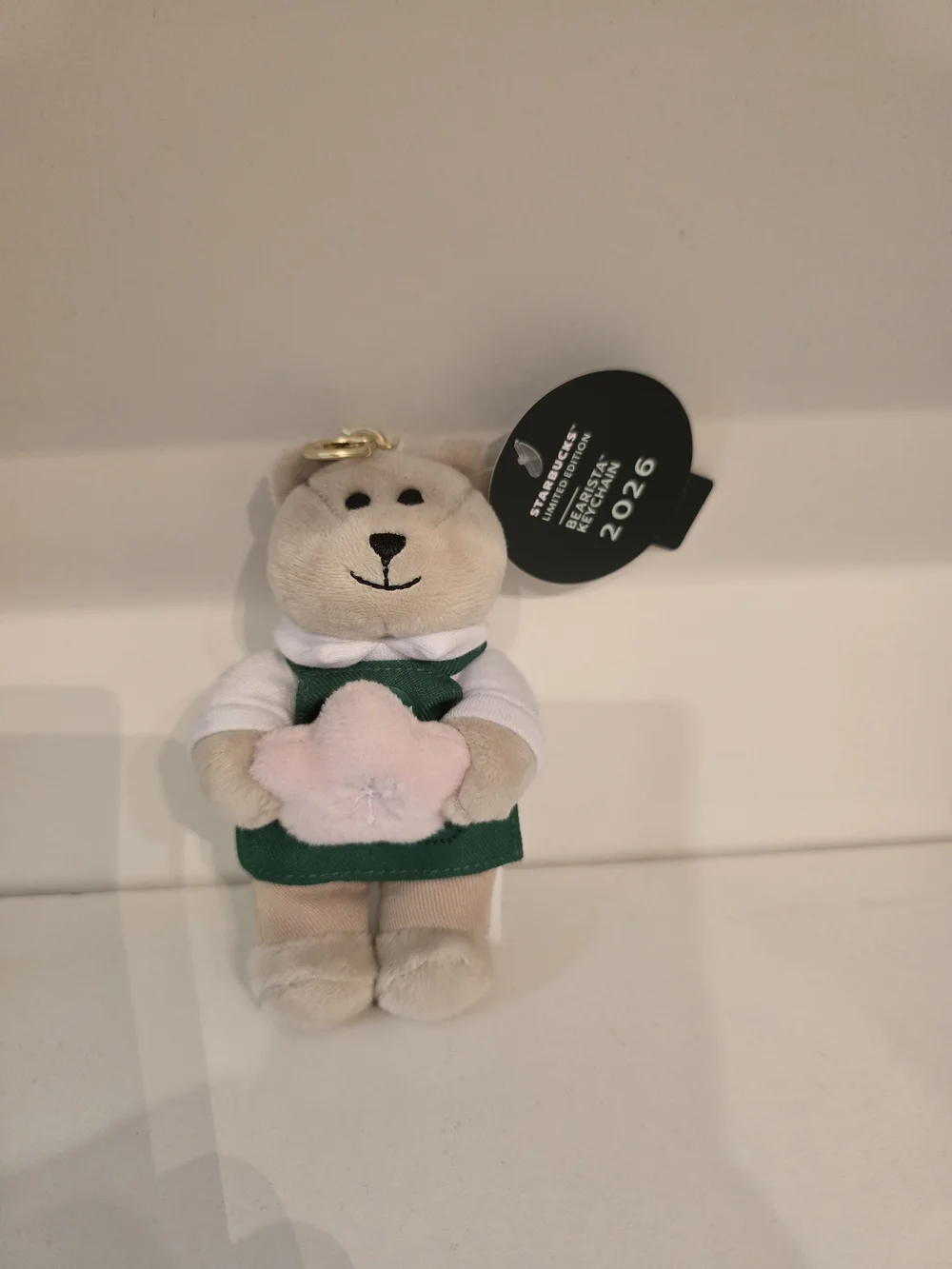 Starbucks Plush Bear Keychain in Green Apron with Pink Star